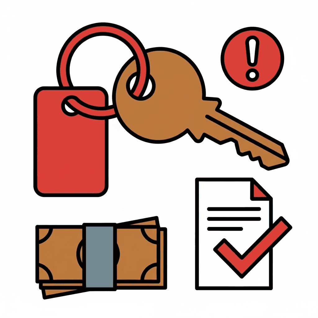 Grafik: Schlüssel mit rotem Anhänger, Ausrufezeichen, Geldbündel und Dokument mit rotem Haken.