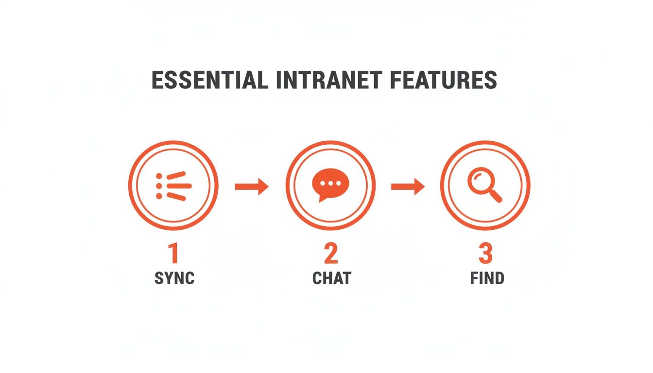 A diagram illustrating essential intranet features: Sync, Chat, and Find, connected by arrows.