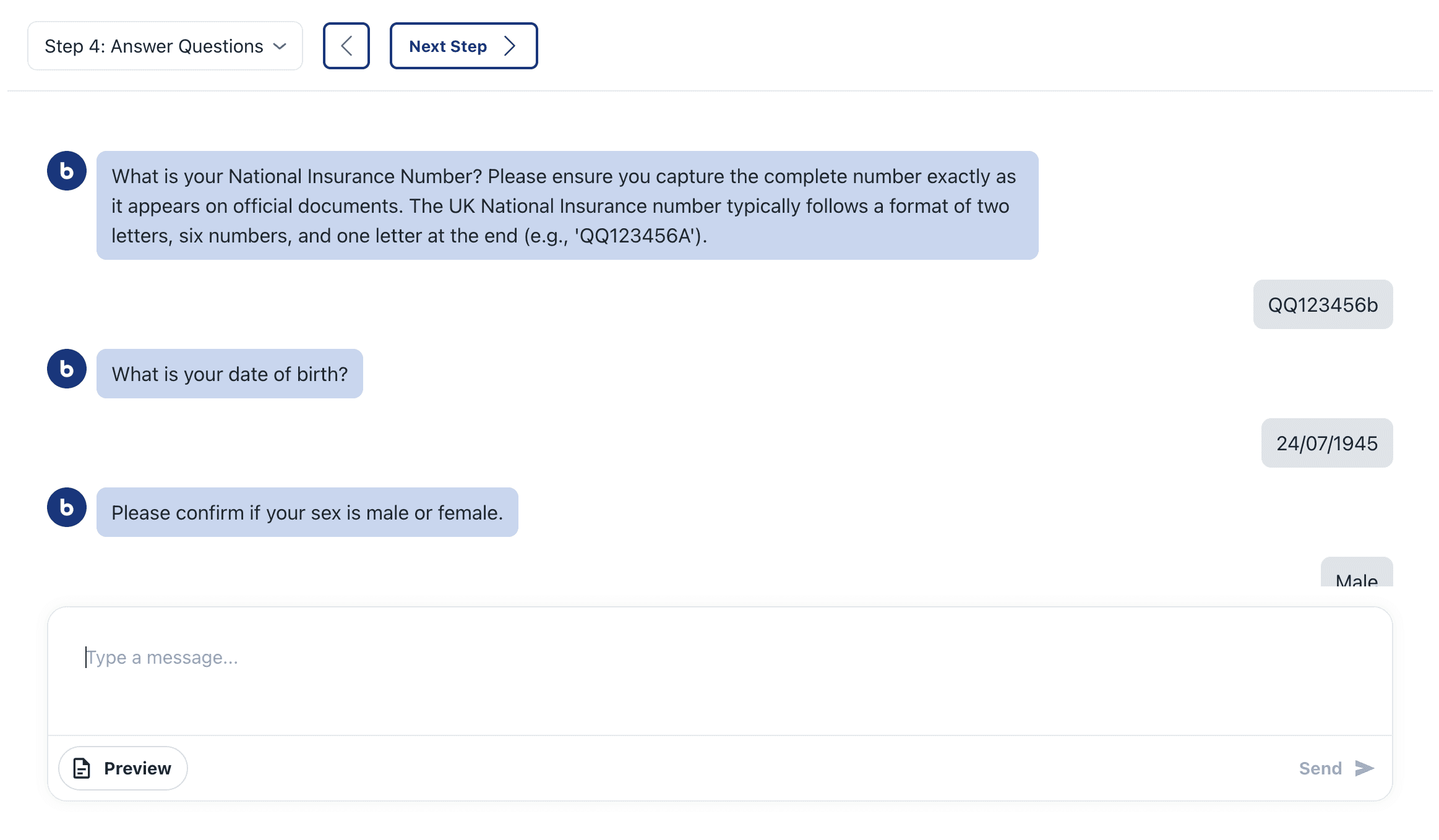 Interface showing a user's completed answers in a Barnab-assisted application.