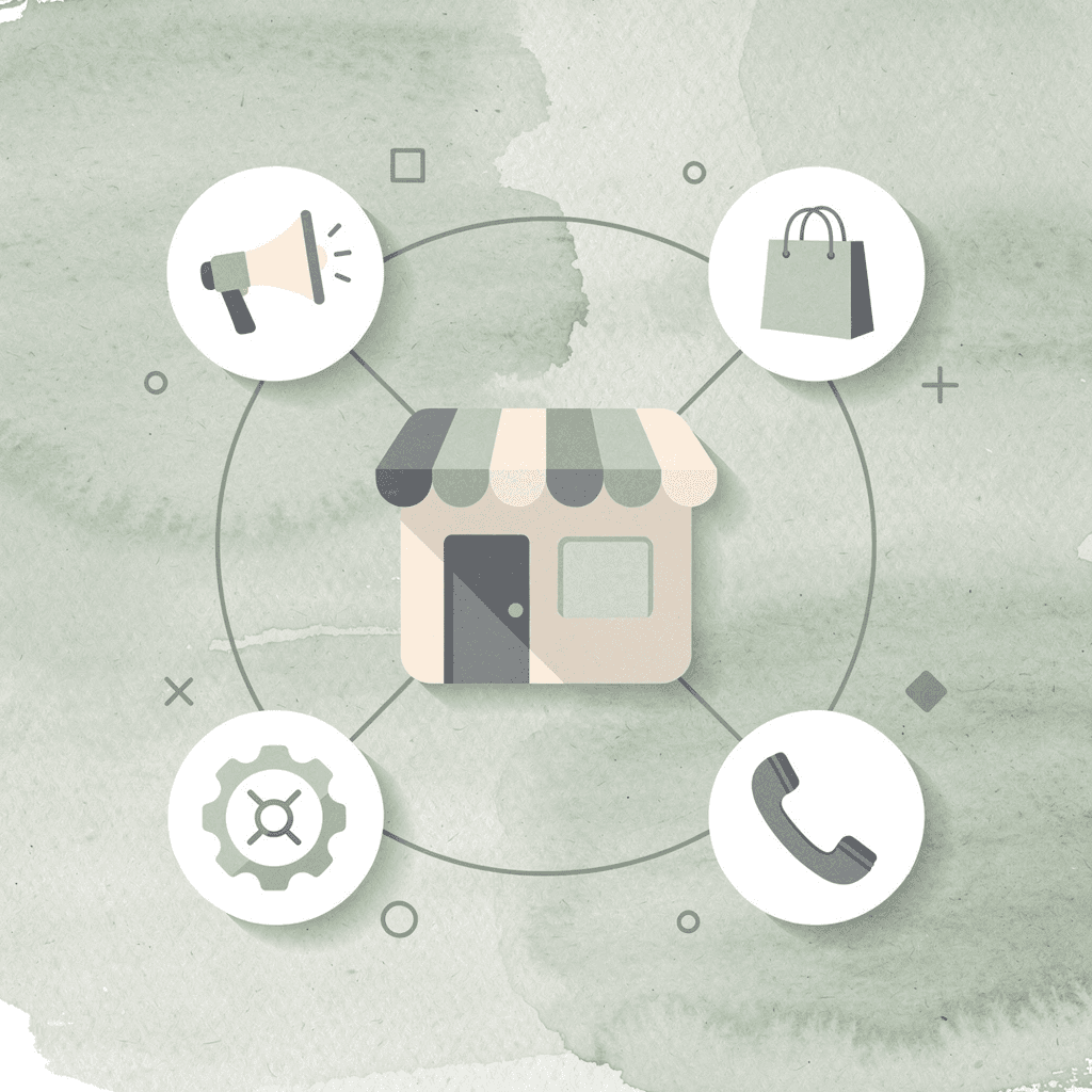 Icon hub showing visual content connecting ecommerce channels