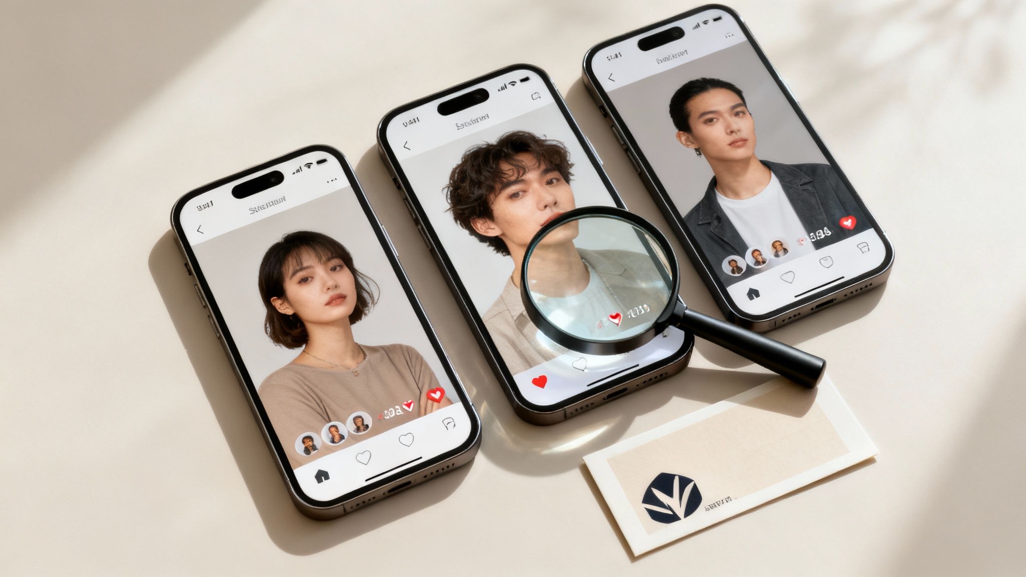 Three smartphones displaying dating app profiles with heart icons and magnifying glass examining screen