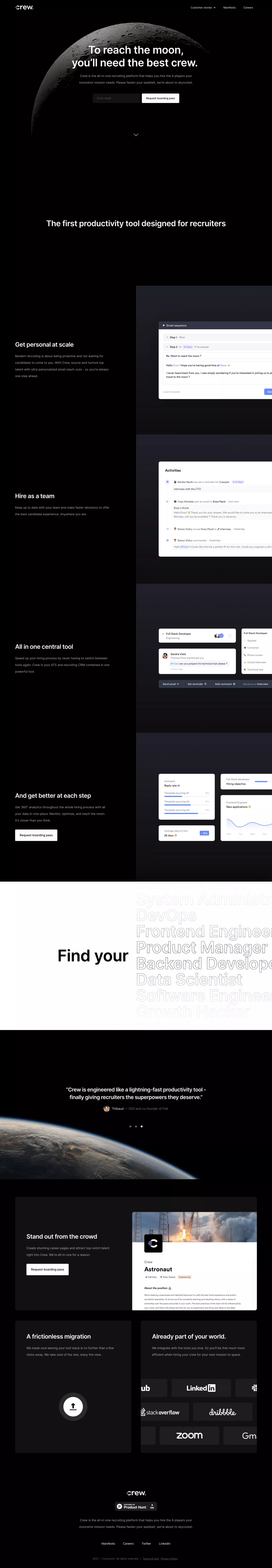 Crew.work landing page screenshot showcasing HR and Tech design