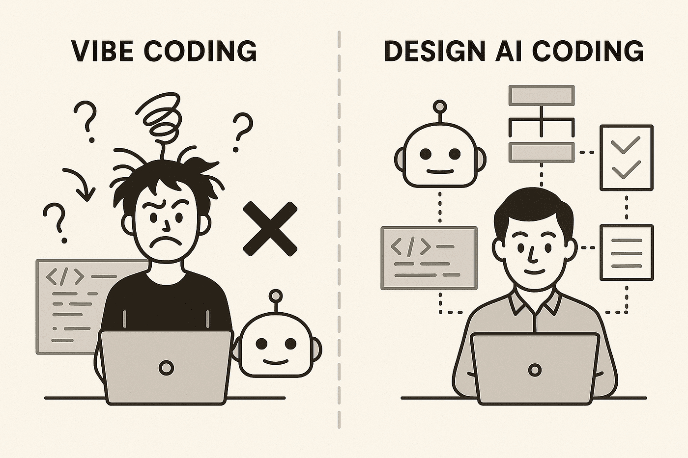 Ilustracija poređenja haotičnog vibe coding pristupa i strukturiranog design AI programiranja