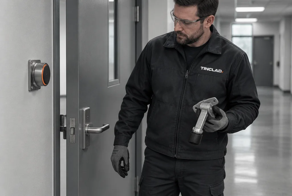 Magnetic hold-open releasing a fire door, with a removed kick-down stop.