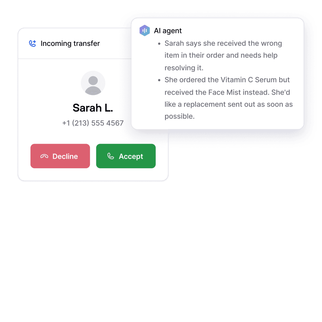 Consio's incoming transfer screen showing an AI agent handing off a call from Sarah L. to a human rep, with a context note explaining she received the wrong item and needs a replacement sent as soon as possible.