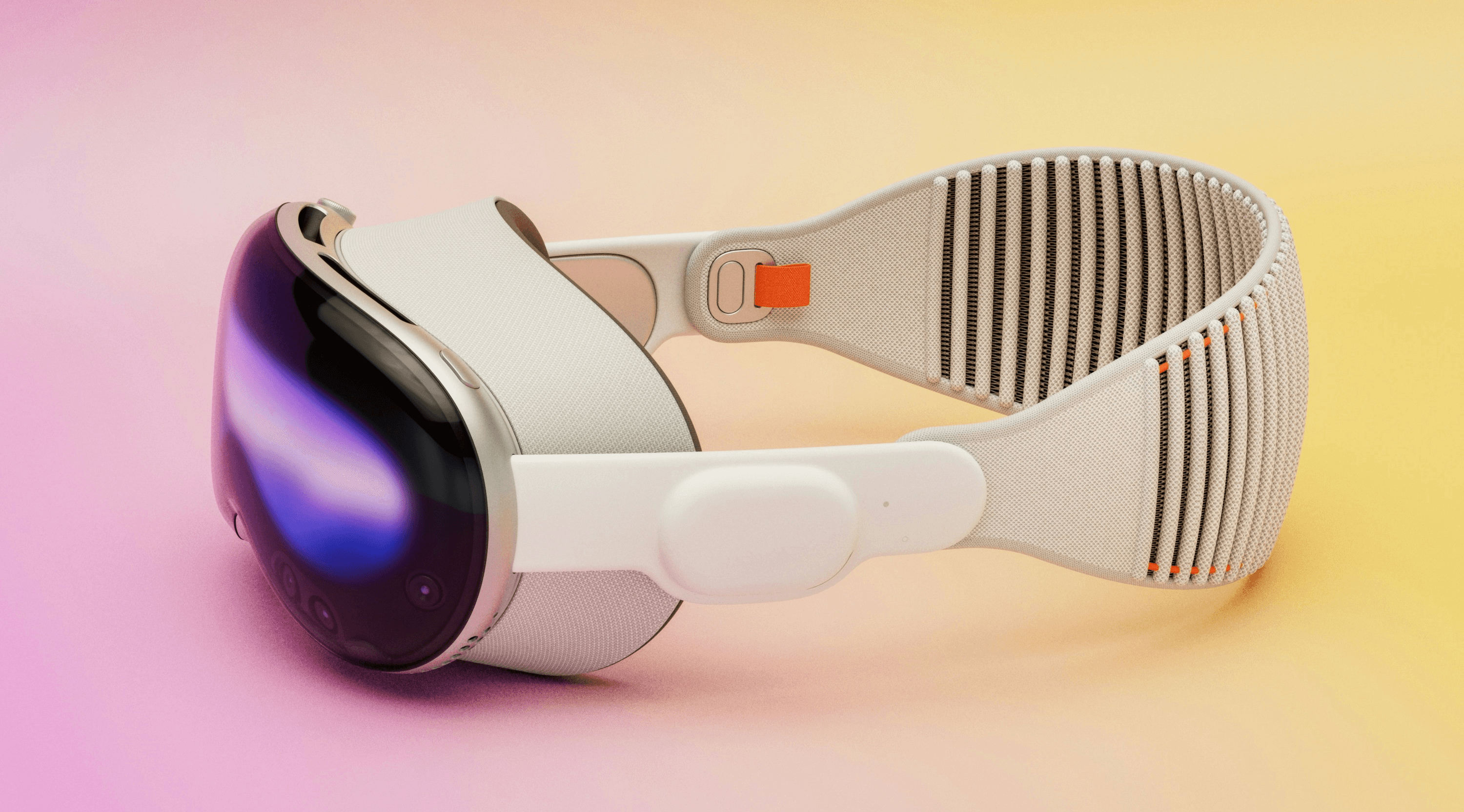 Side profile of the Apple Vision Pro headset showing the battery tether and headband.