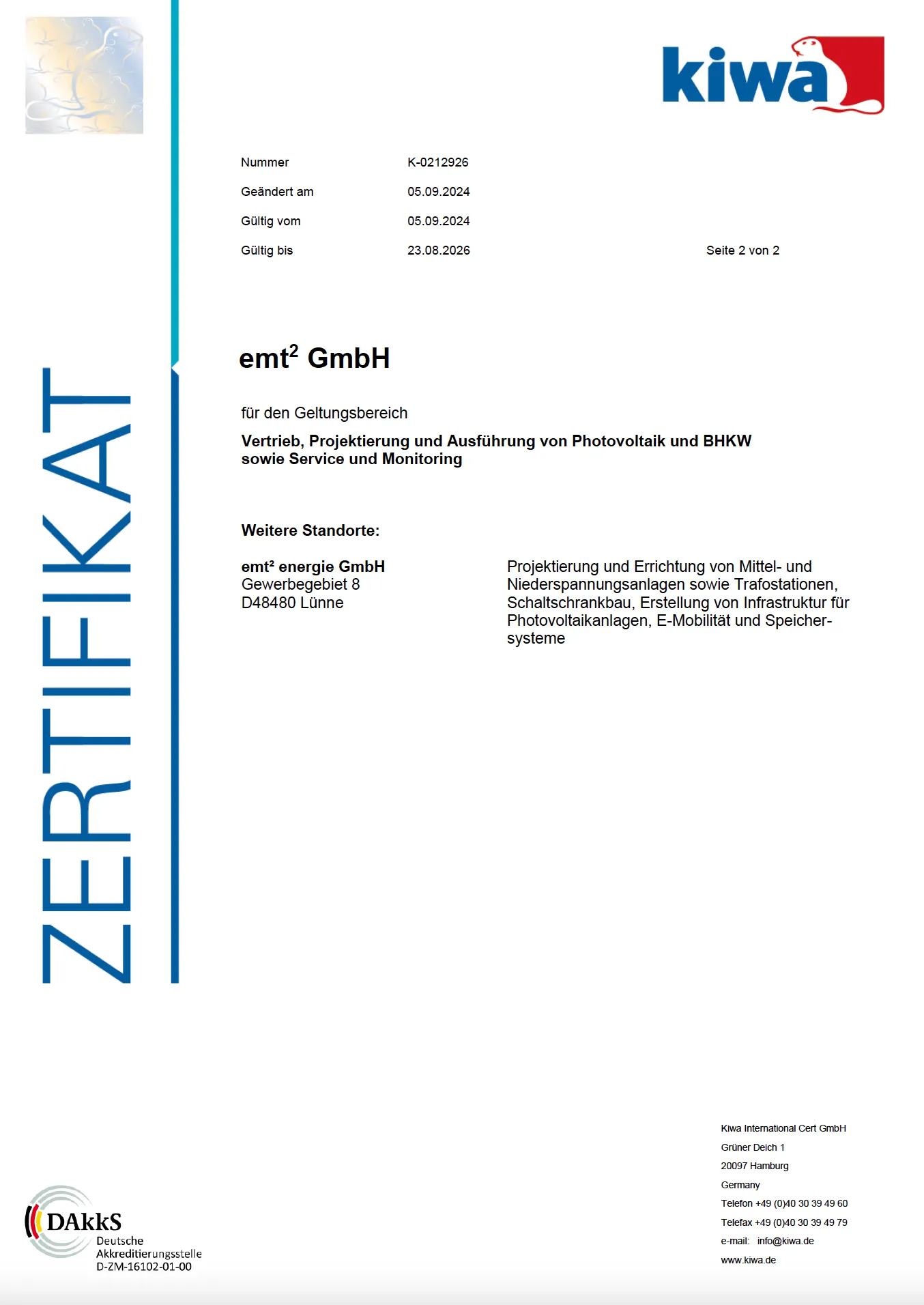 Kiwa Zertifikat für emt² GmbH: Solar- und Energiespeicherlösungen