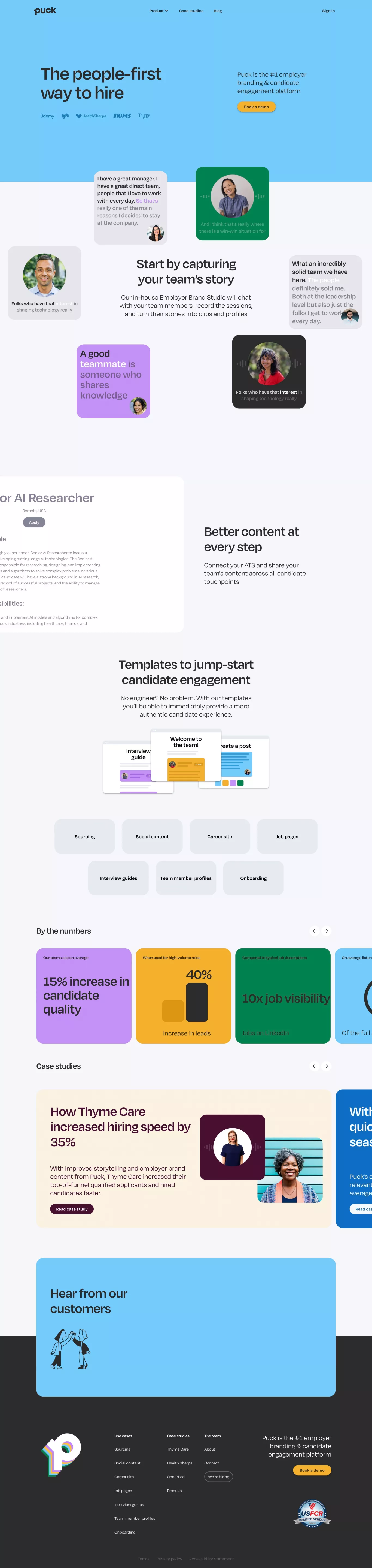 Puck landing page screenshot showcasing HR and Tech design