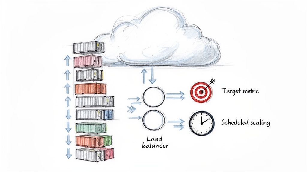 Diagram showing cloud resource scaling with containers, load balancer, target metrics, and scheduled scaling.