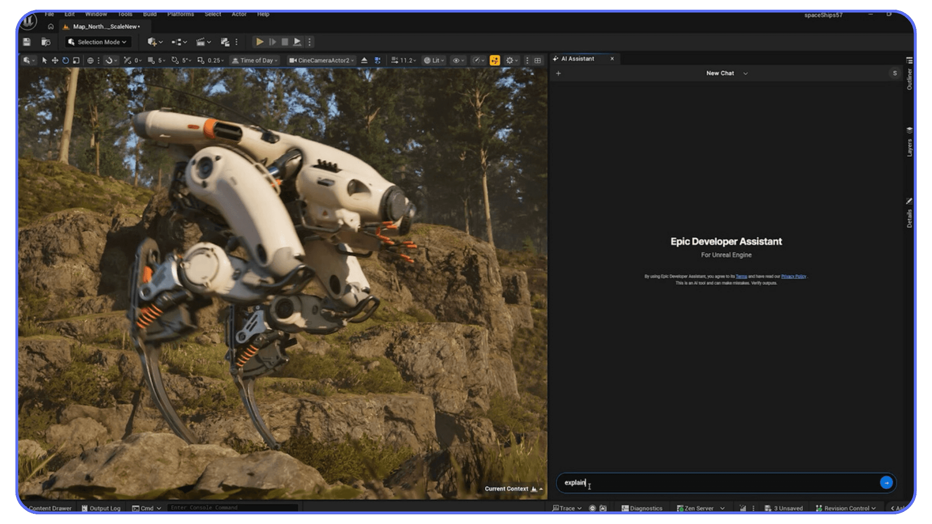 Unreal Engine 5.7 editor showcasing a mechanical robot scene on the left and the new Epic Developer Assistant panel open on the right for in-editor AI guidance.