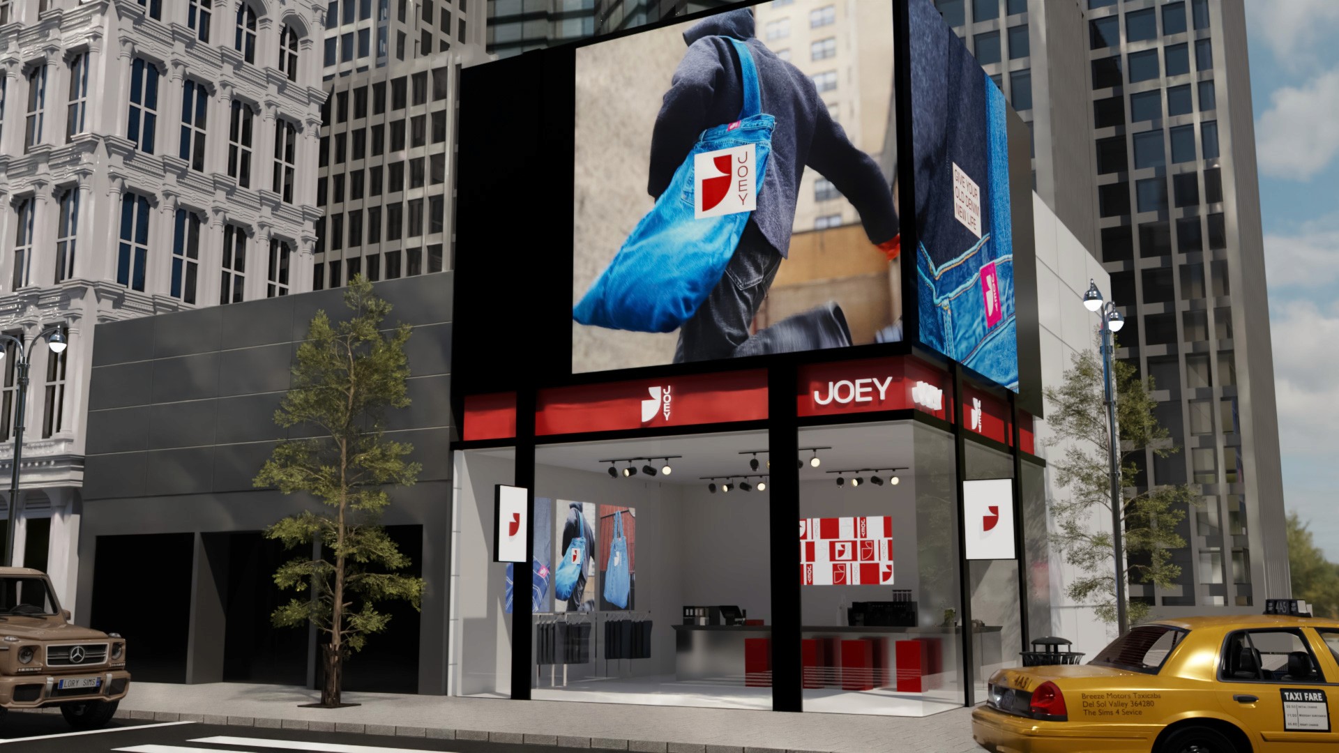A laptop screen displays a product page for "JueyBag," featuring a blue denim bag hanging on a metal fence, with product details including size, quantity, quality, color, price, and shipping options. To the right of the laptop, there's a black lamp with a white shade, and a pen is placed on a dark surface to the left. The background is dark and blurred.