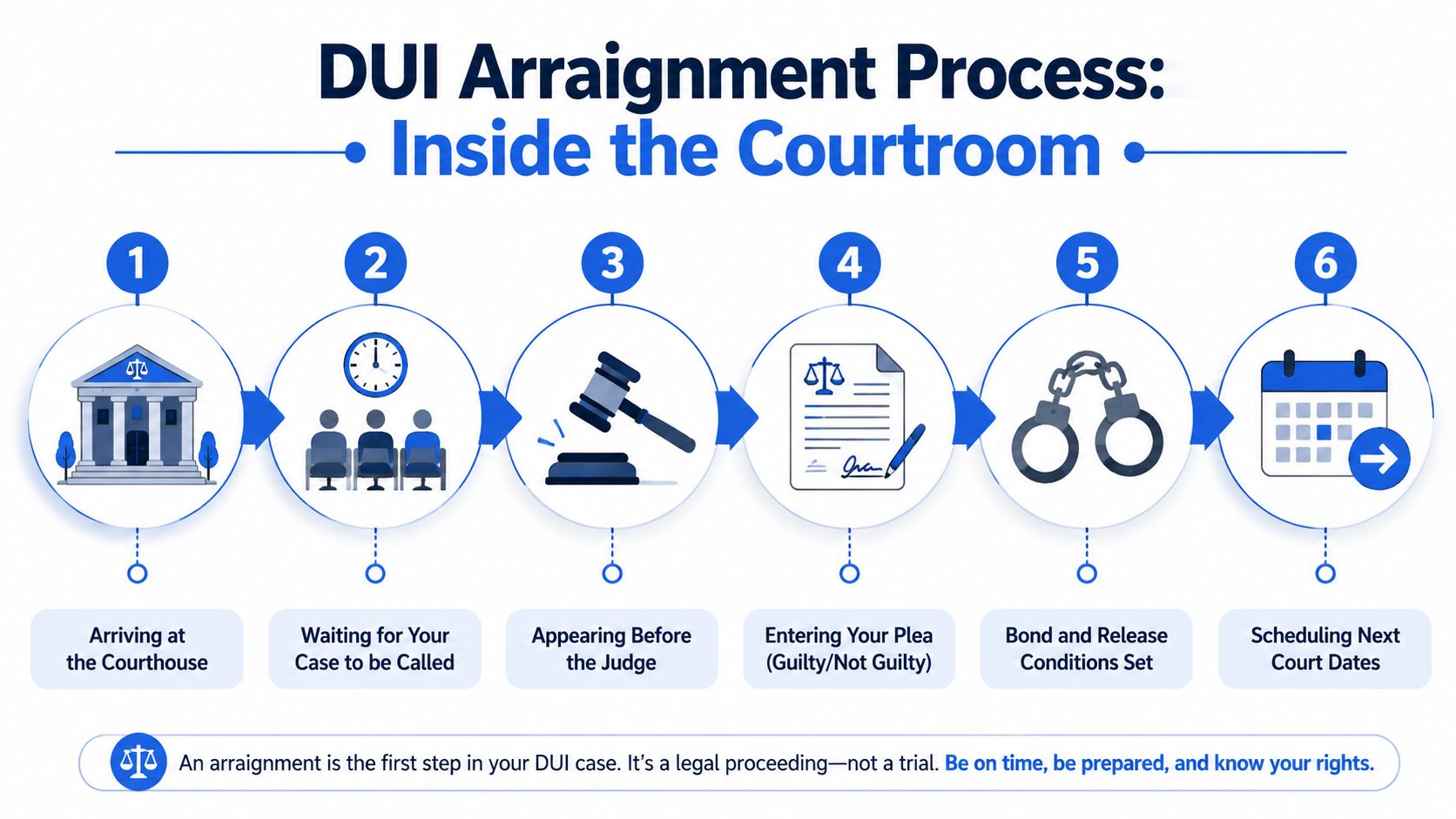 A six-step infographic illustrating the DUI arraignment process inside a courtroom from arrival to scheduling future dates.