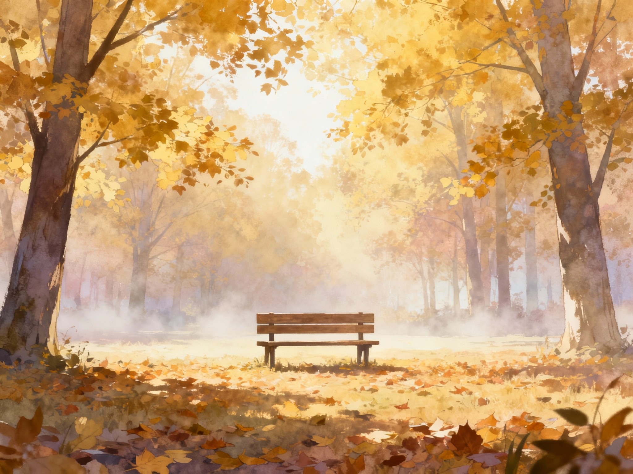 A digital illustration of a serene early morning forest clearing in autumn, bathed in soft diffused