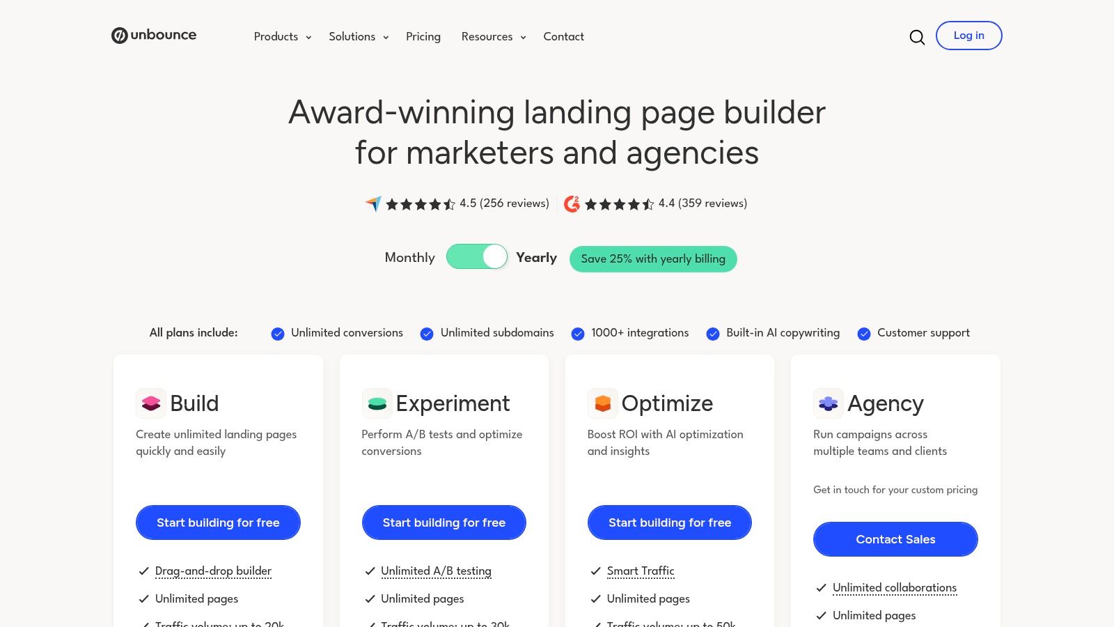 Unbounce pricing plans page showing a testimonial landing page example
