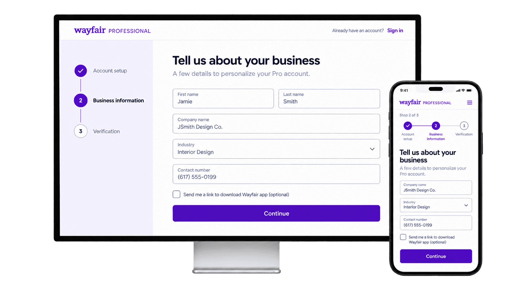 Wayfair Professional business information enrollment on desktop and mobile