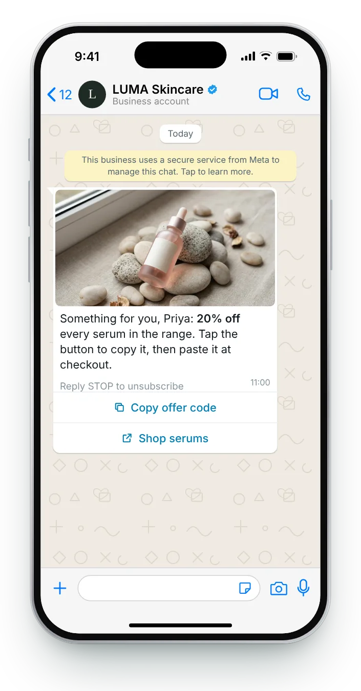 The standard copy-button message: WhatsApp coupon code message on an iPhone