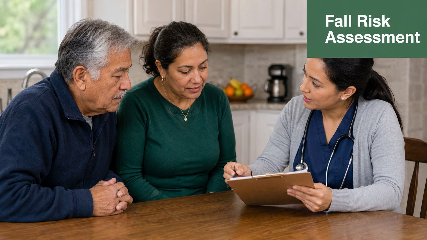A healthcare professional discusses a fall risk assessment with an elderly couple at a kitchen table.