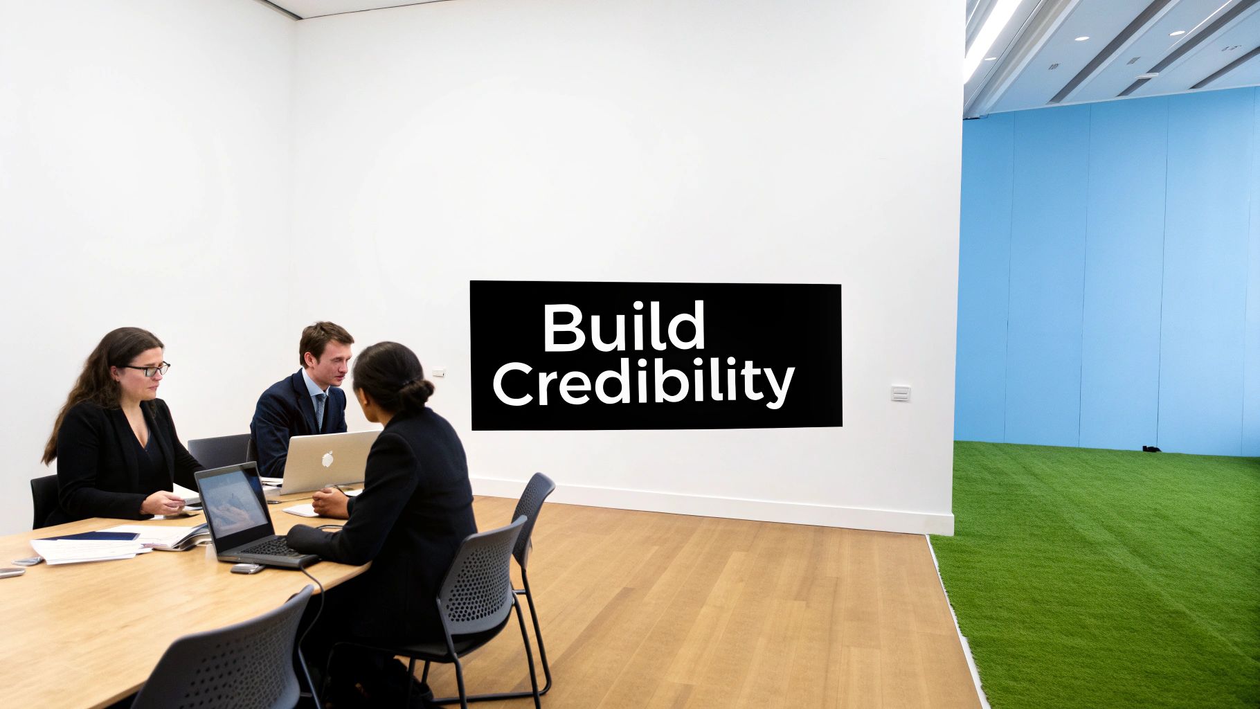 Three business professionals working on laptops in a meeting room with a 'Build Credibility' sign on the wall.