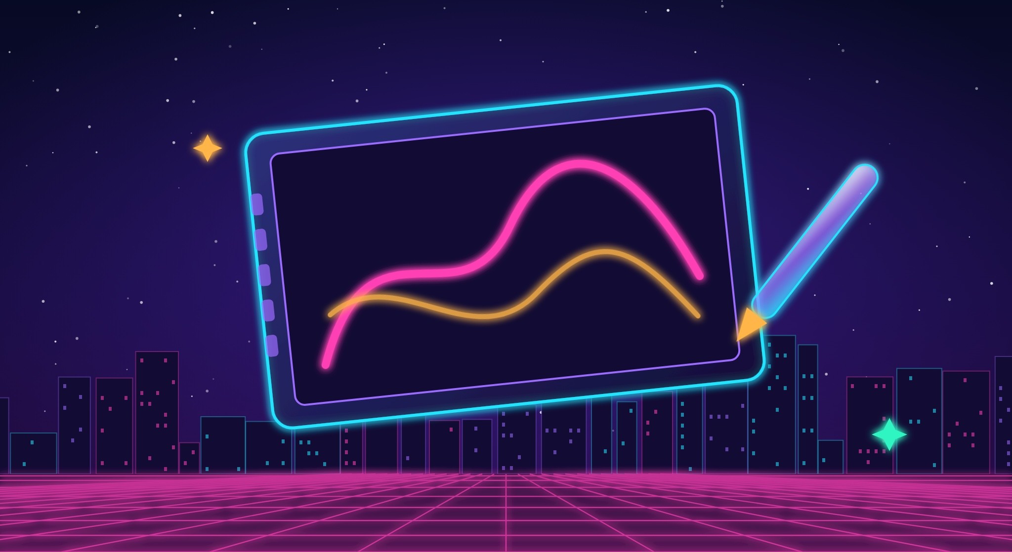 Neon pen display with two glowing brush strokes and a stylus