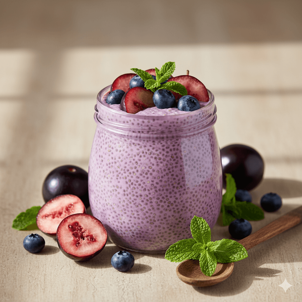 Jamun chia seed pudding with coconut milk – vegan dessert using frozen jamun pulp.