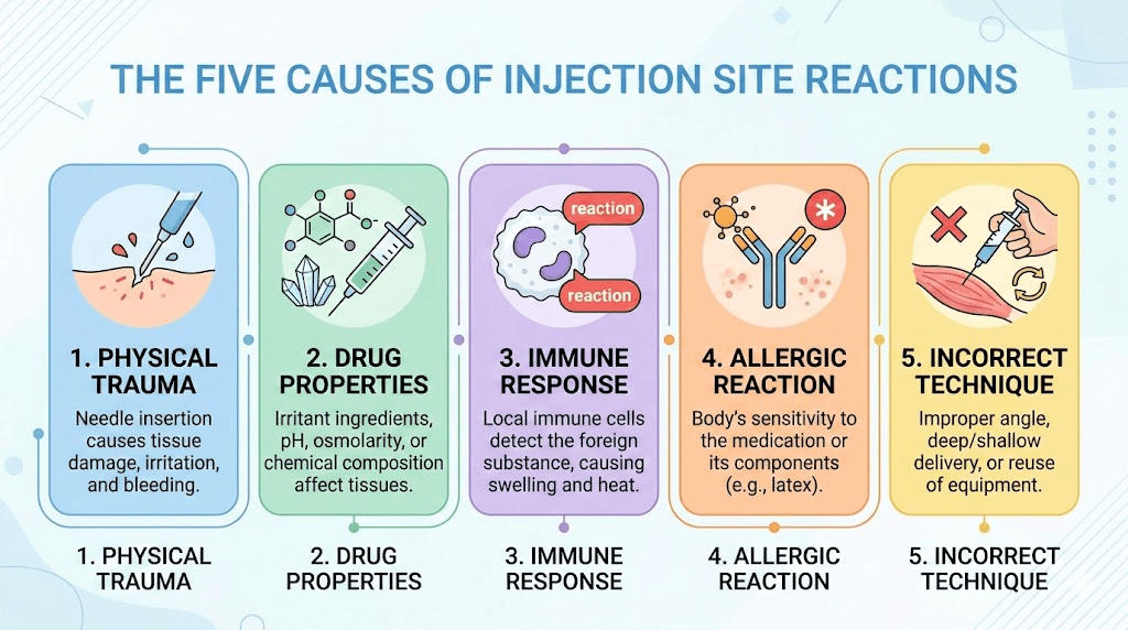 Five causes of GLP-1 injection site reactions infographic
