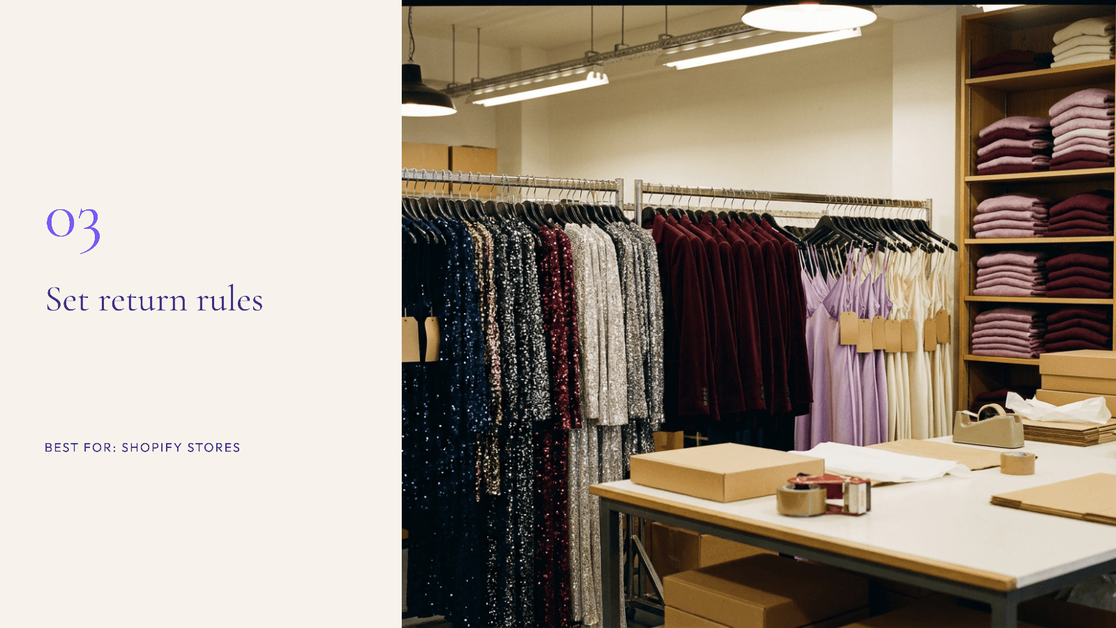 A stockroom rail of sequinned dresses, velvet blazers and satin slips grouped as a party edit
