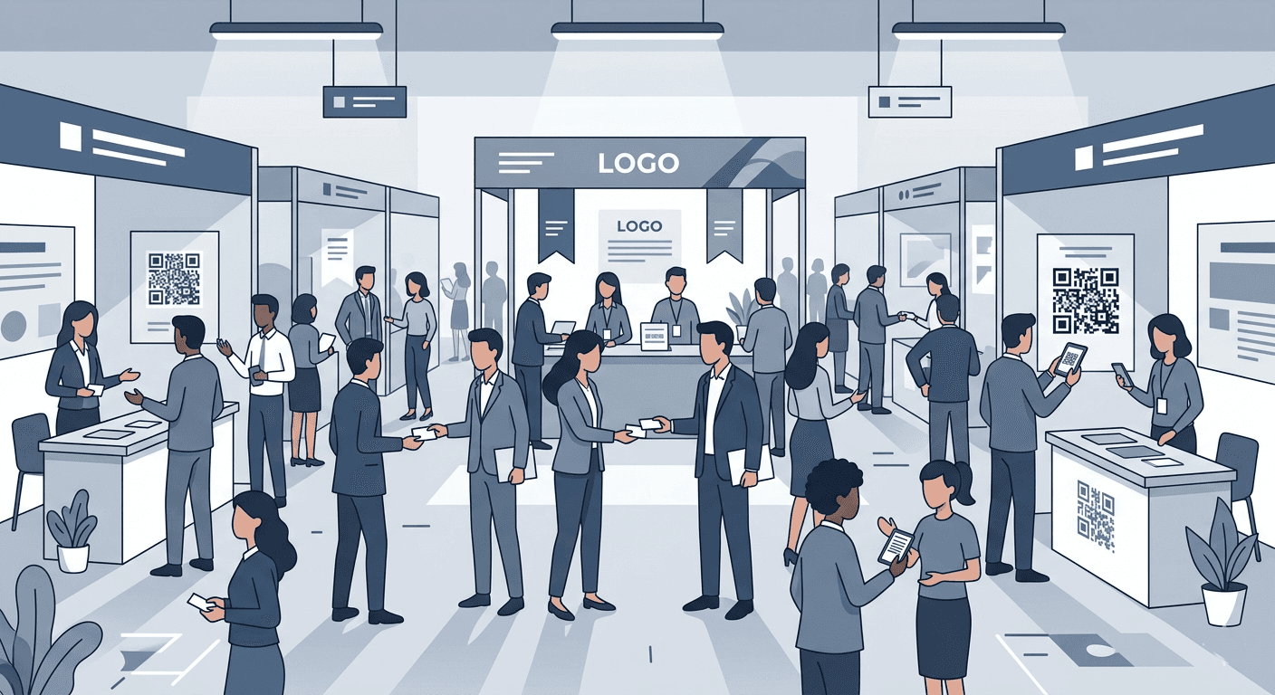 Vector illustration of a crowded trade show with business card exchange and QR scanning