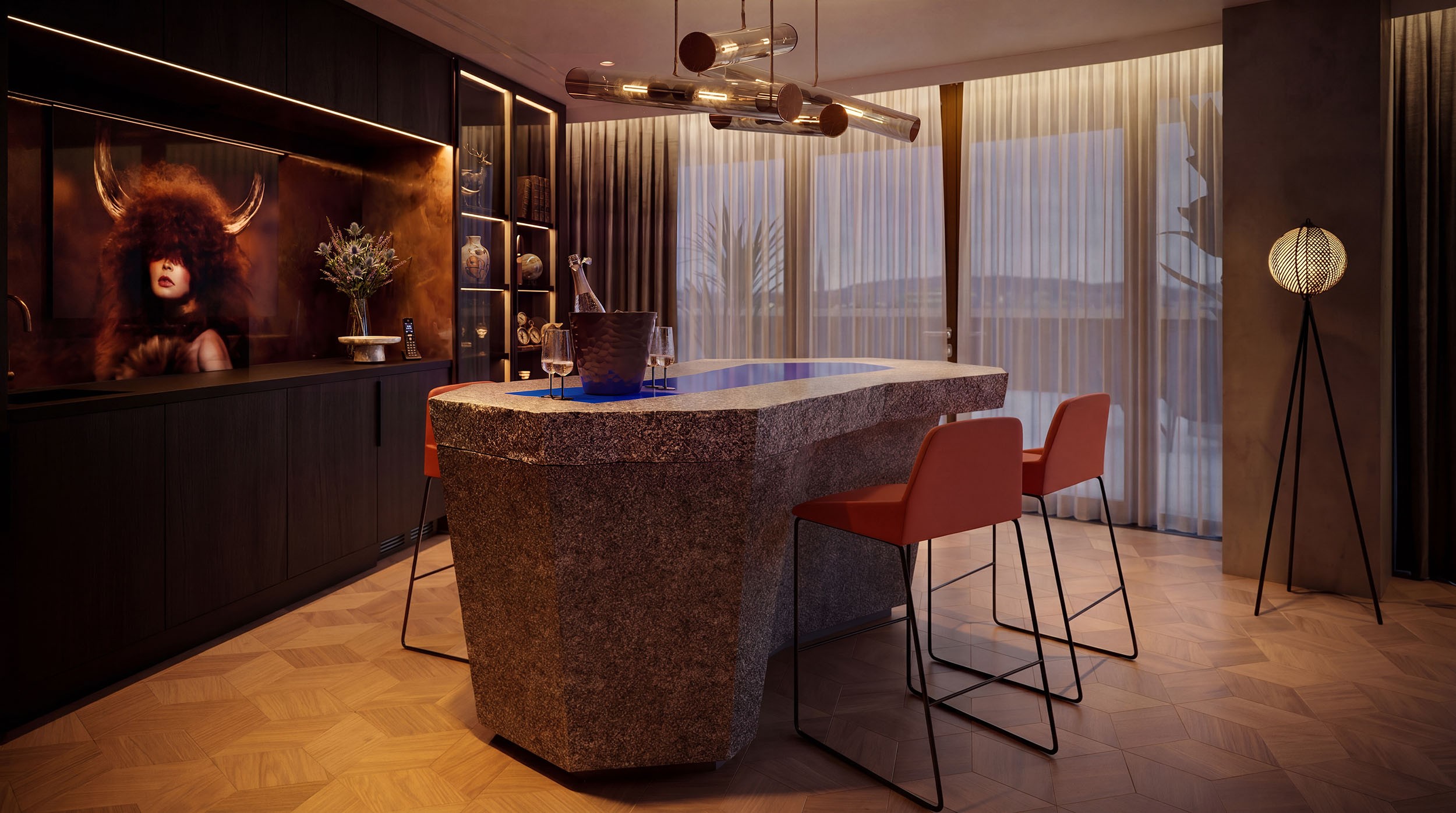 Architectural CGI render of a modern kitchen island
