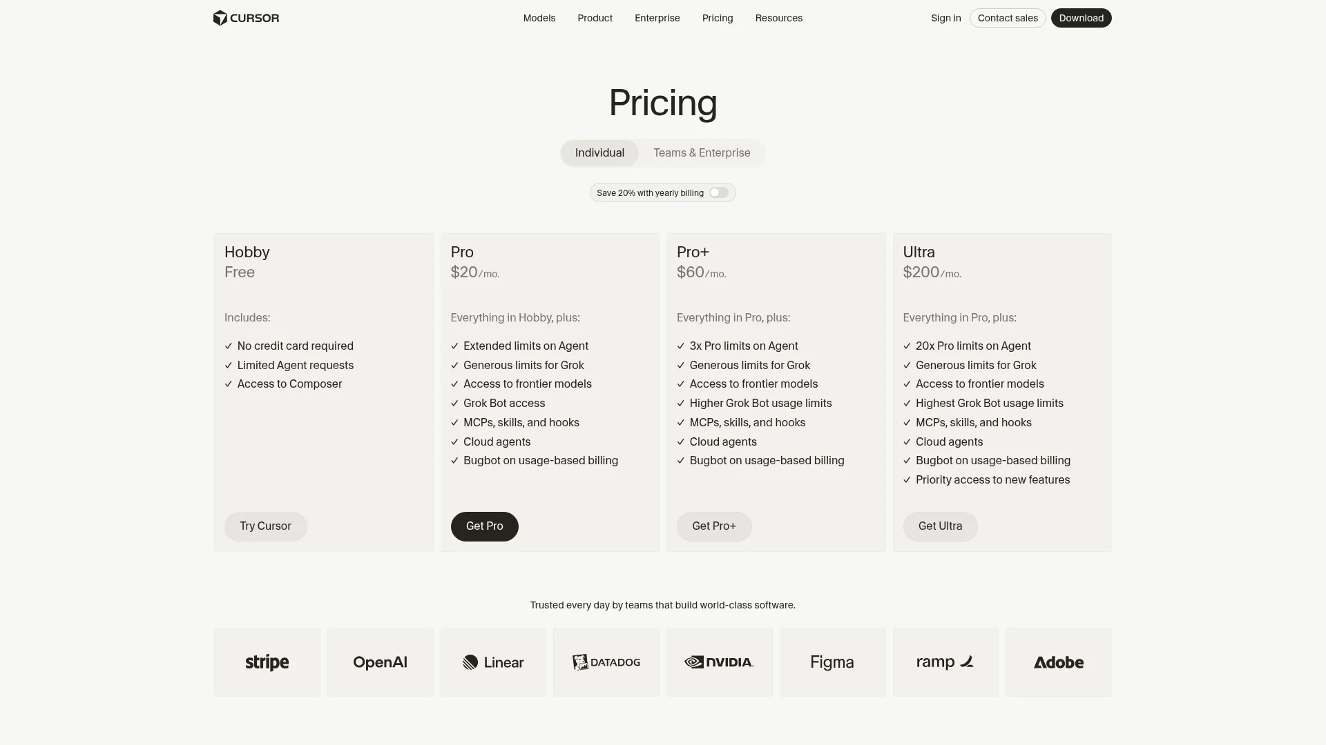 Cursor pricing page listing Grok Bot access on paid plans