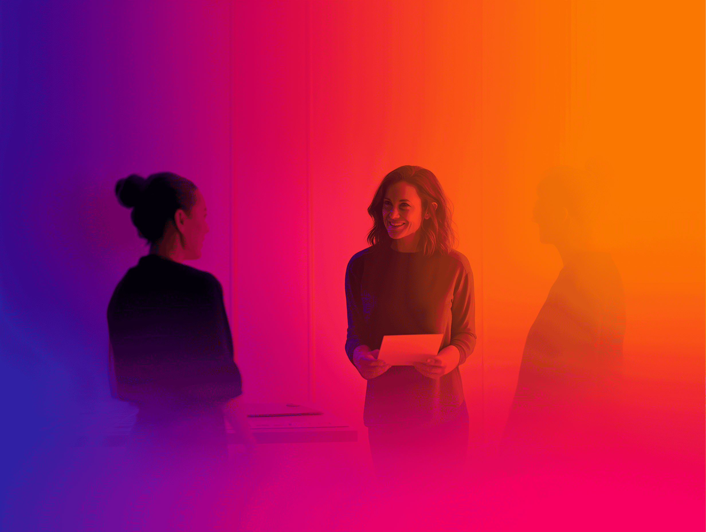 Artistic portrait with red and blue lighting creating a dramatic effect