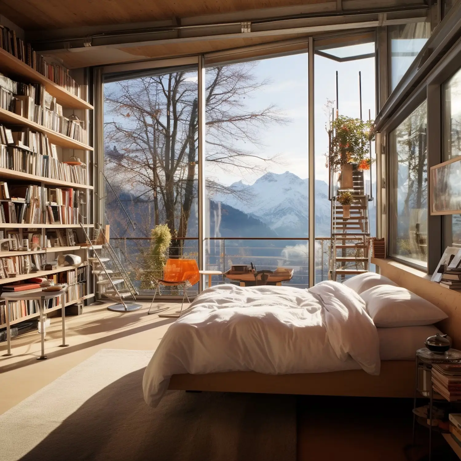 Bedroom with wall bookshelf and mountain view.
