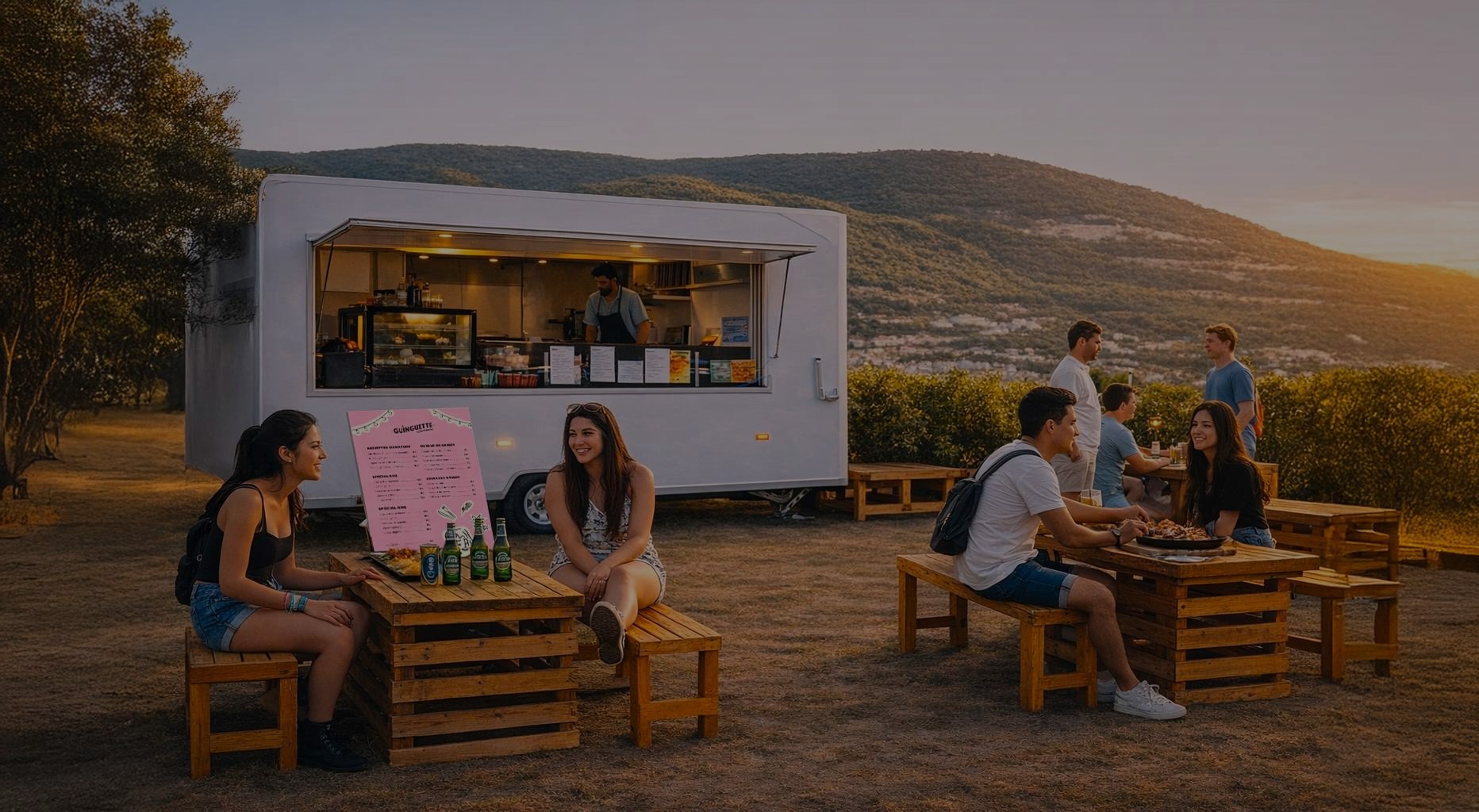 Food truck installé pour un événement avec service de restauration mobile et ambiance conviviale.