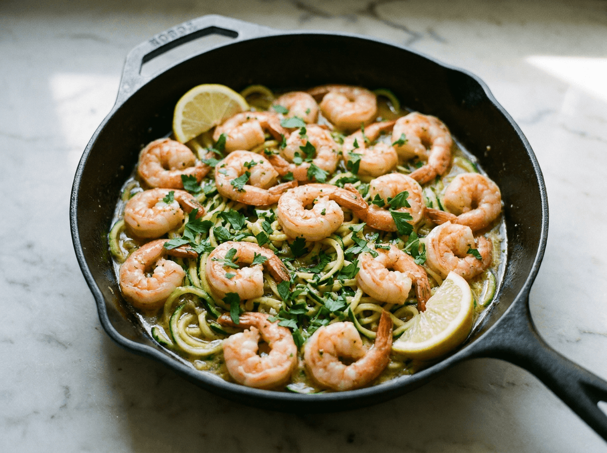 shrimp scampi with zucchini noodles in a skillet, quick healthy dinner recipe