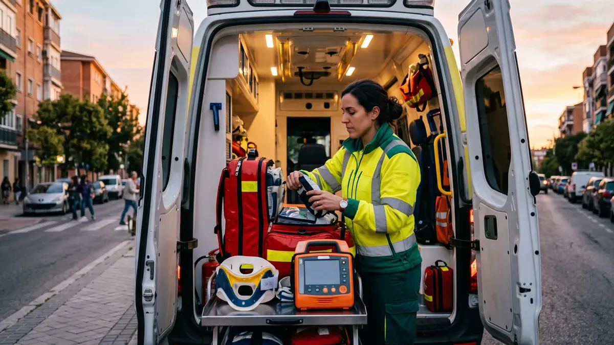 Técnica en emergencias sanitarias revisa el material de soporte vital en la parte trasera de una ambulancia asistencial