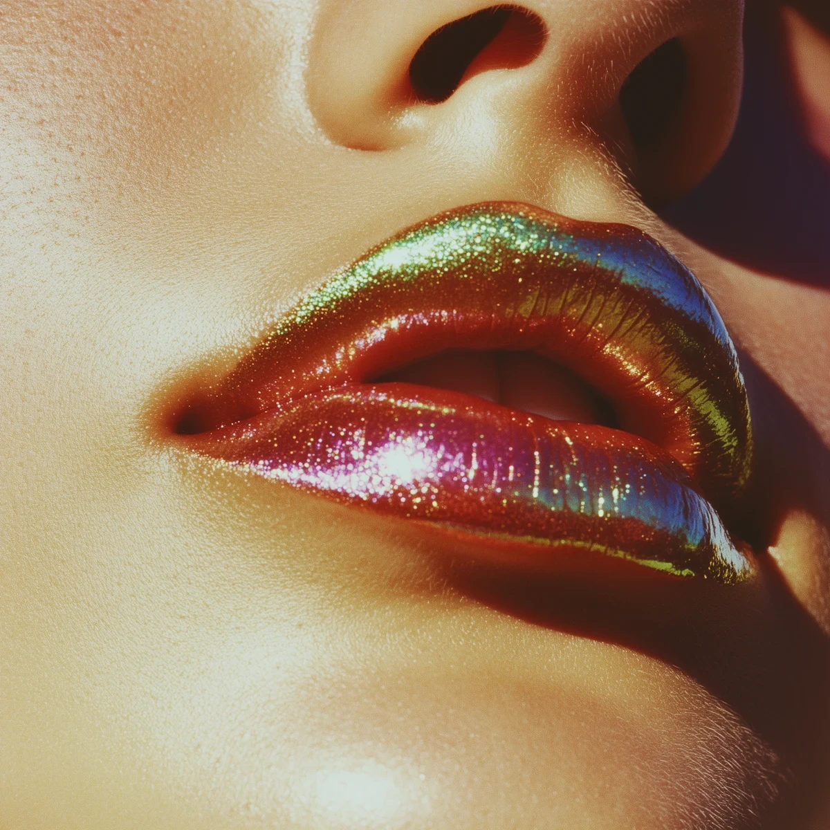 Close-up of glossy, iridescent rainbow lips on dark brown skin, showcasing vibrant metallic makeup.