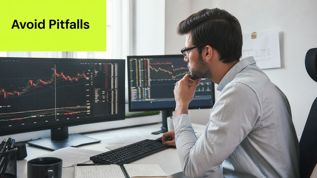 A professional financial trader analyzing complex market stock charts on dual computer monitors in an office.