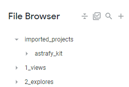 A file browser window showing a directory structure with a folder named 'imported_projects' expanded to reveal a subfolder called 'astrafy_kit', followed by other folders named '1_views' and '2_explores'.