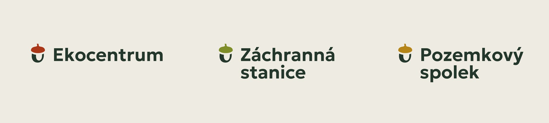 Three sub-brand logos for Huslík — Ekocentrum, Záchranná stanice (rescue station), and Pozemkový spolek (land trust), each marked with a colour-coded acorn
