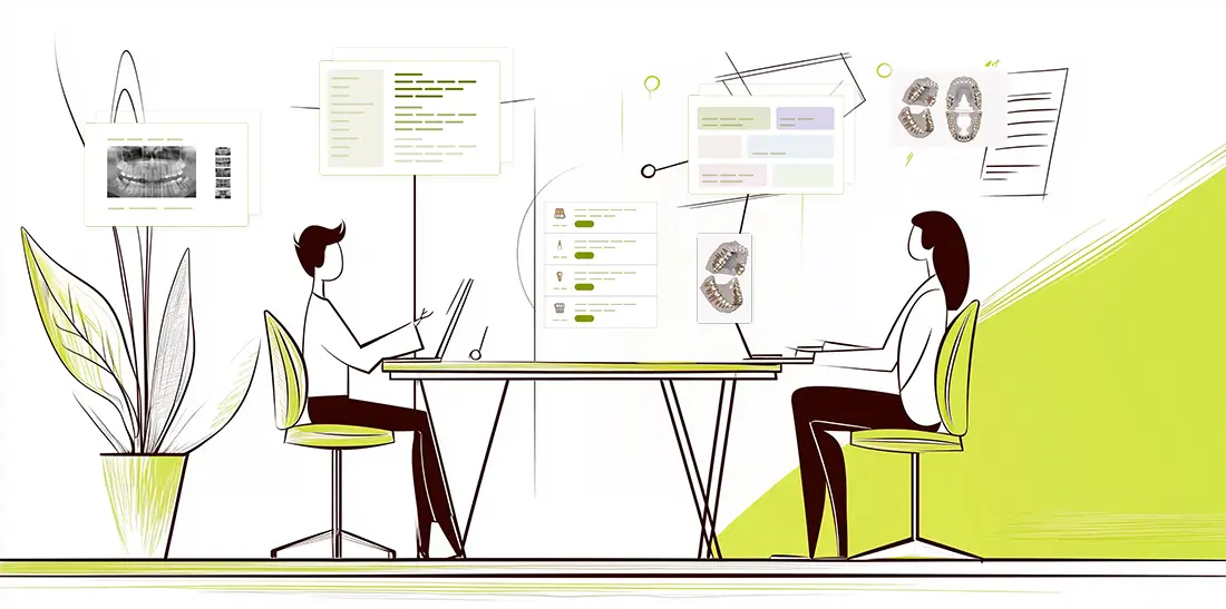 Consultație online pentru management stomatologic – doi specialiști discută despre digitalizarea cabinetului dentar cu dROOT, analizând radiografii dentare și planuri de tratament pe un ecran interactiv.