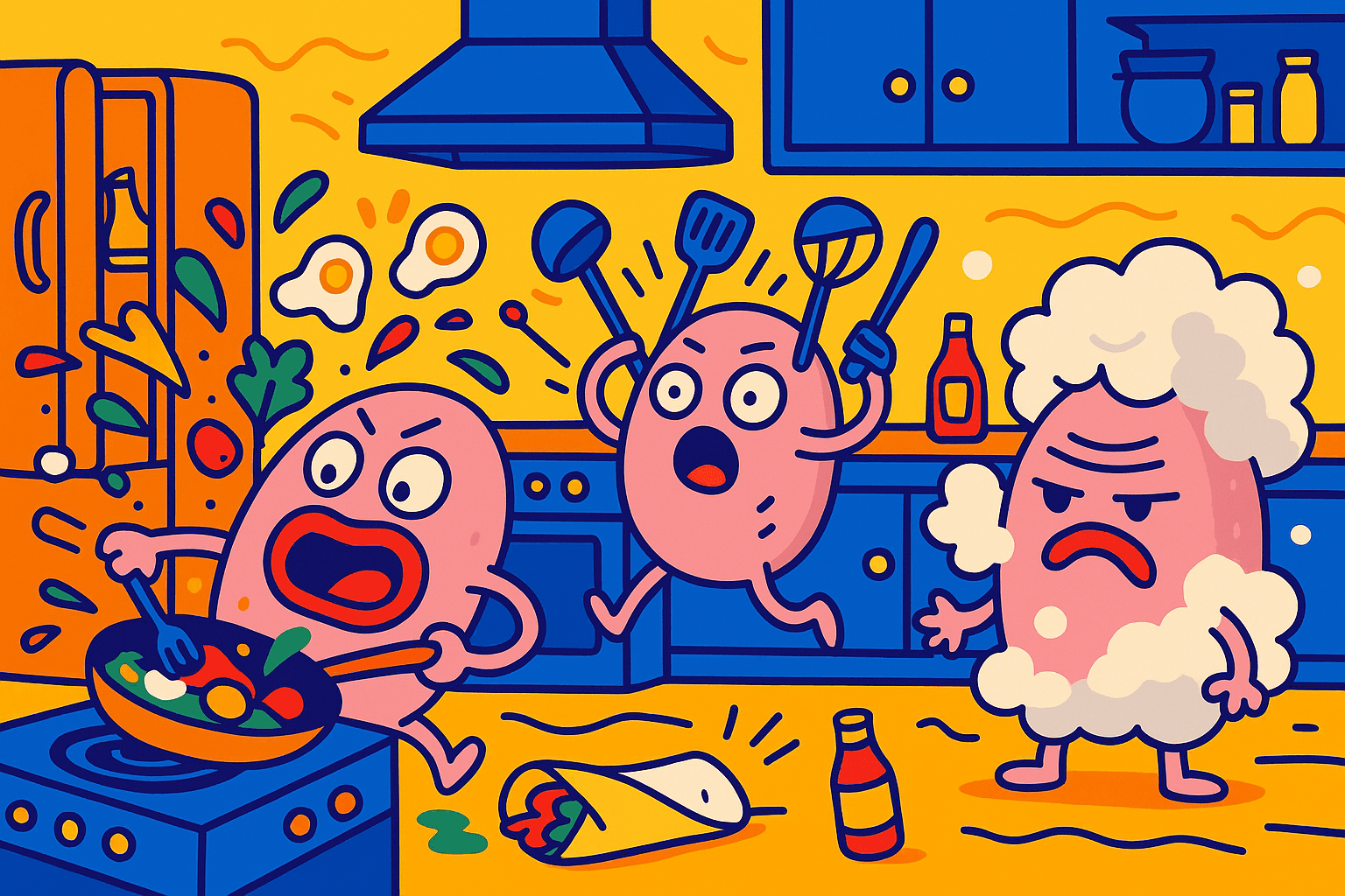 Busy potatoes trying to cook in a messy kitchen