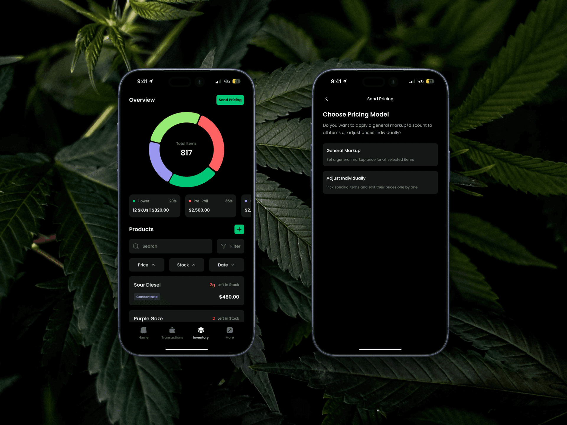 Two Staackbooks app screens showing a financial overview and an instant pricing proposal, displayed on phones against a cannabis leaf background.