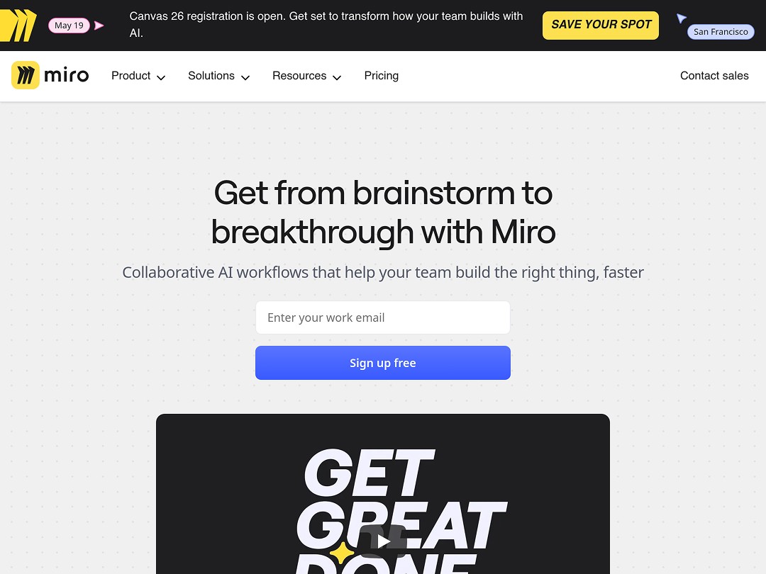 Miro website offering AI workflows and free sign-up option.