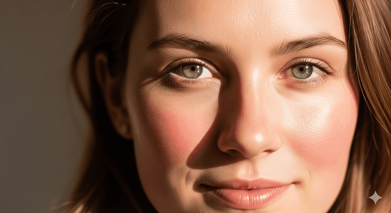 Portrait of a woman with naturally flushed cheeks in soft daylight, emphasizing healthy skin.