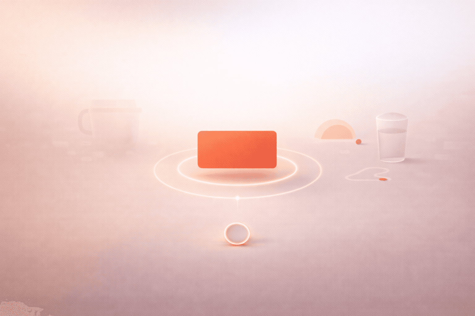 Minimalistische 3D-Illustration auf warmem cremebeigem Hintergrund mit einer schwebenden korallorangenen Fokus-Karte im Zentrum, einem verblassenden Kaffeebecher links, sowie dezenten Symbolen für Sonnenaufgang, Wasser und Bewegung rechts und einem kleinen Timer-Ring unten als Zeichen für geplante Fokuszeit ohne Koffein.