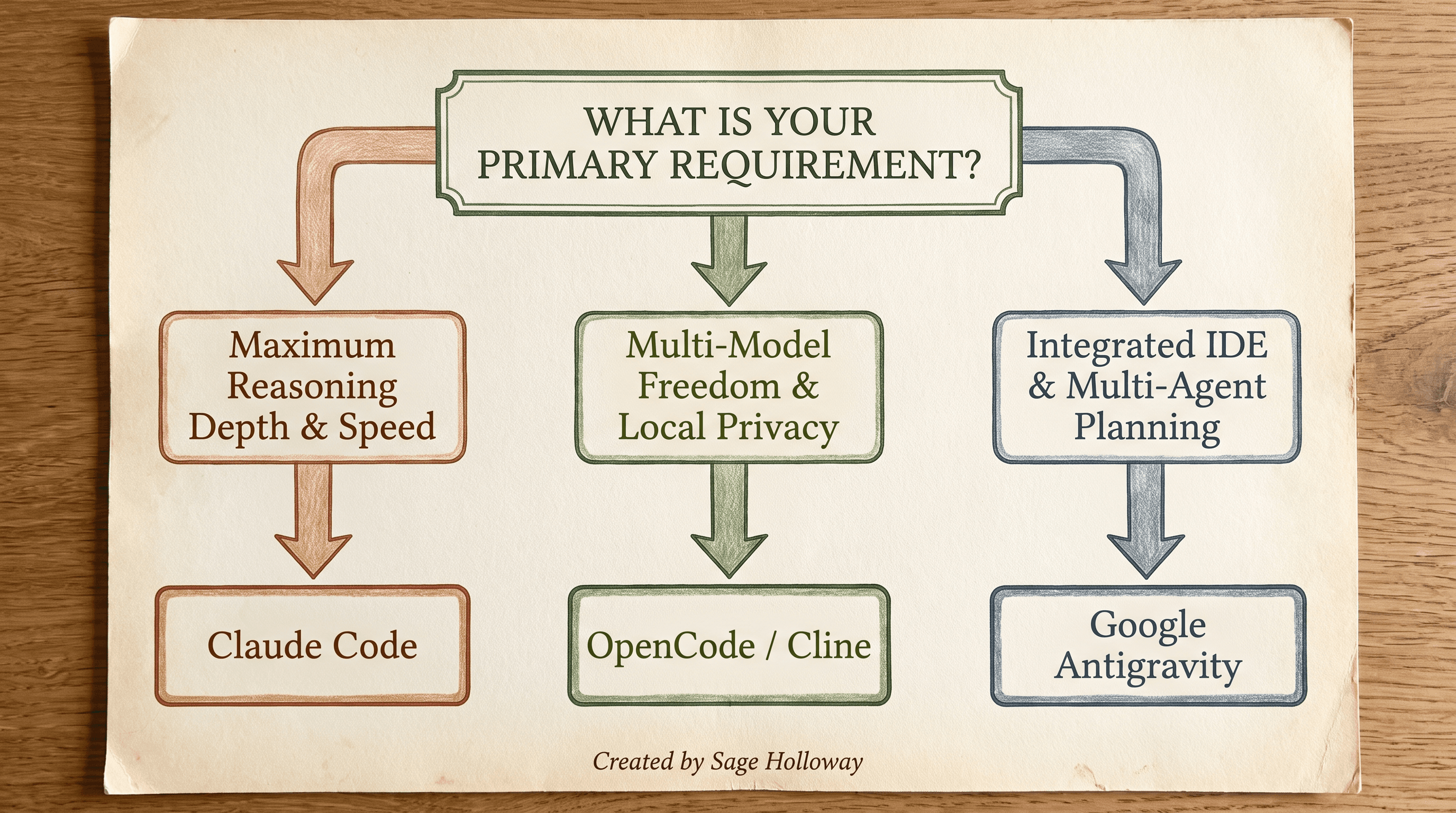 Decision flowchart for selecting between Claude Code, OpenCode, Antigravity, and Cline