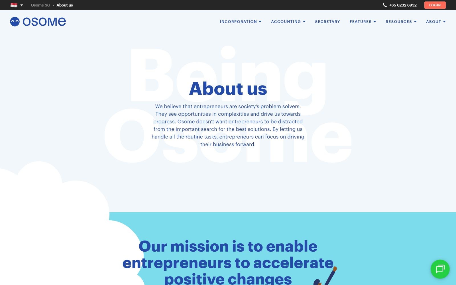 About us page with text overlay on a light blue background. Large white words "Being Osome" partially visible.