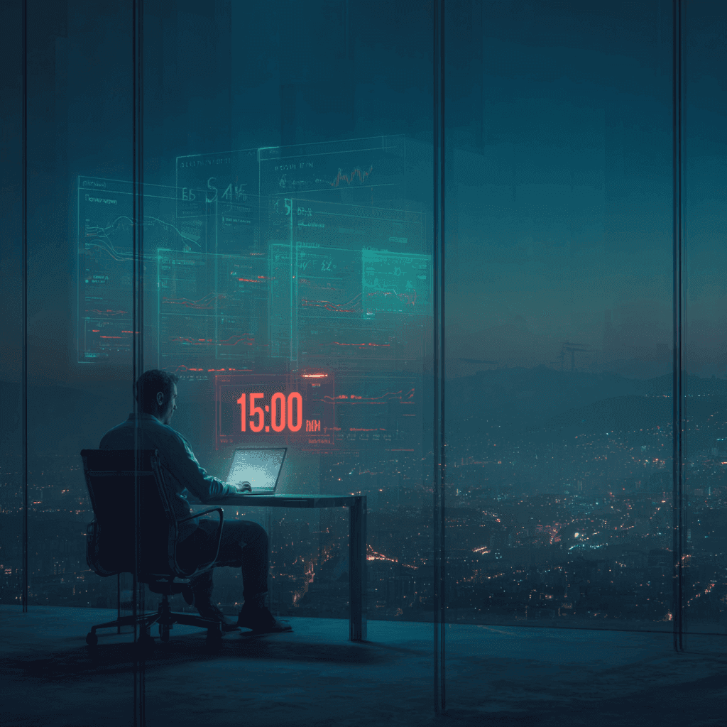 A cinematic, hyper-realistic image of a focused entrepreneur or strategist sitting alone in a high-rise glass office at dusk, illuminated by the glow of a laptop. On the screen is a glowing countdown timer reading "15:00", with audit graphs and red alert markers subtly visible. Surrounding the person are translucent, floating panels of brand elements, metrics, and marketing data some glowing green (strength), others flashing red (weakness). Outside the window, the vast cityscape looms, symbolizing competition. The atmosphere is serious, honest, and intense like a truth being revealed in real-time.
