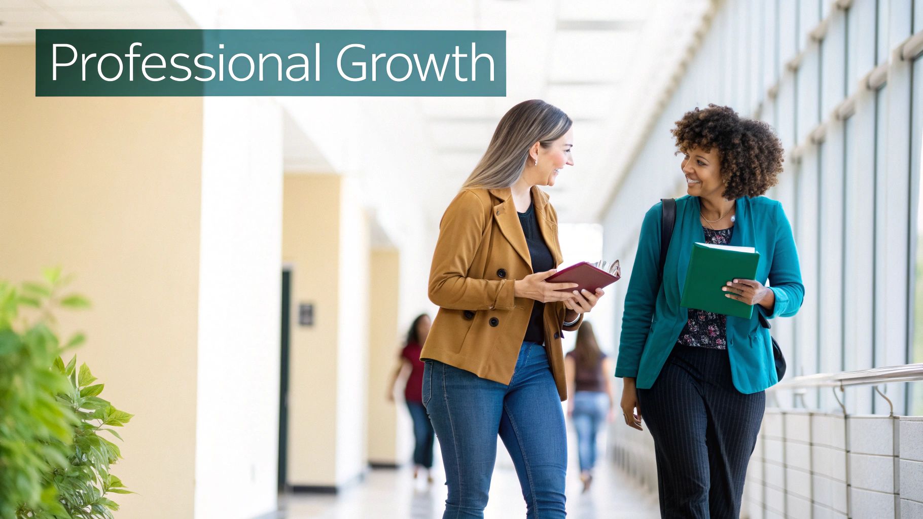 Two smiling women, one with a planner, the other with a folder, walk and talk in a bright hallway, with 'Professional Growth' text.