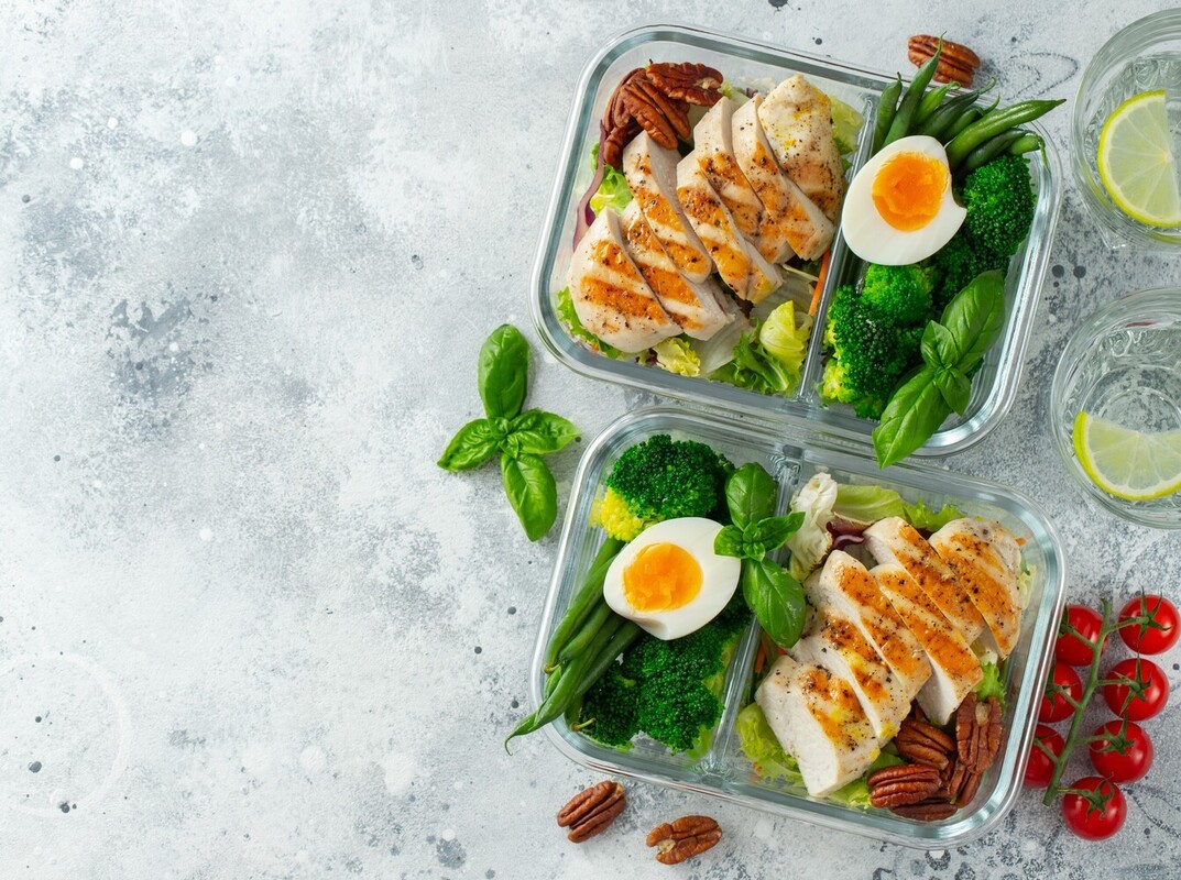 healthy meal prep food with grilled chicken and eggs and vegetables to fuel gym exercises for weight loss