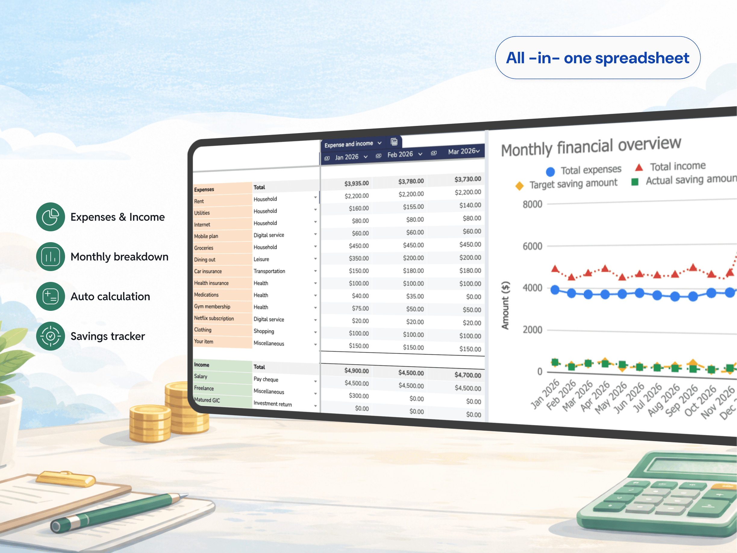 Monthly budget spreadsheet with a financial overview chart, alongside features like expense tracking and auto calculations.
